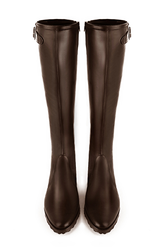 Dark brown women's knee-high boots with buckles. Round toe. Flat rubber soles. Made to measure. Top view - Florence KOOIJMAN